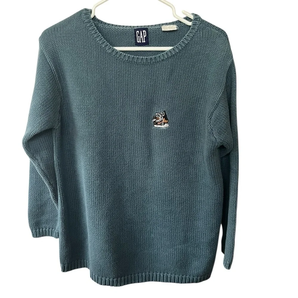 Vintage 90s Gap Sweater Mens Sz M Blue Heavyweight Cotton Embroidered Crewneck